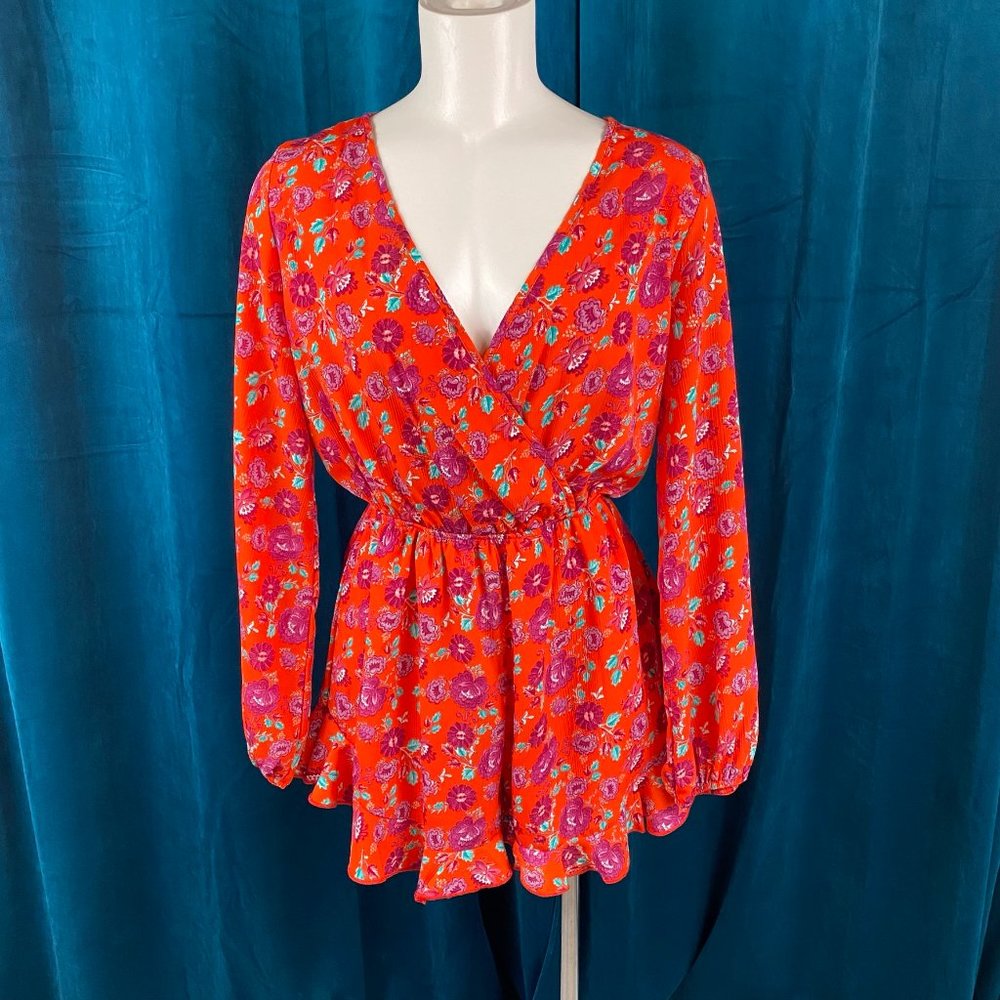 Peach Love California Floral Surplice Romper in Red